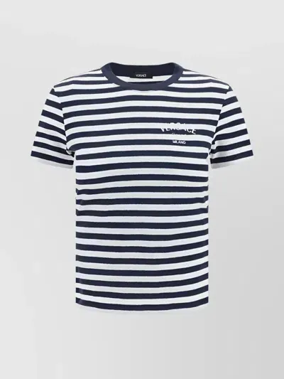 Versace Logo-embroidered Striped T-shirt In Blue