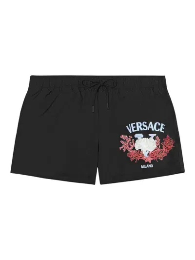 Versace Swim Shorts With Front Print And Logo In Black