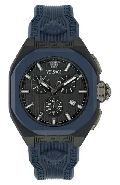 Versace Men's Swiss Chronograph Blue Silicone Strap Watch 44mm In Black