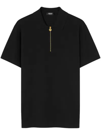 Versace Zipped Collar Polo Shirt In Black