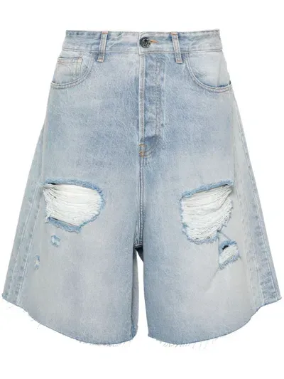 Vetements Destroyed Mid-rise Ripped Wide-leg Denim Shorts In Blau