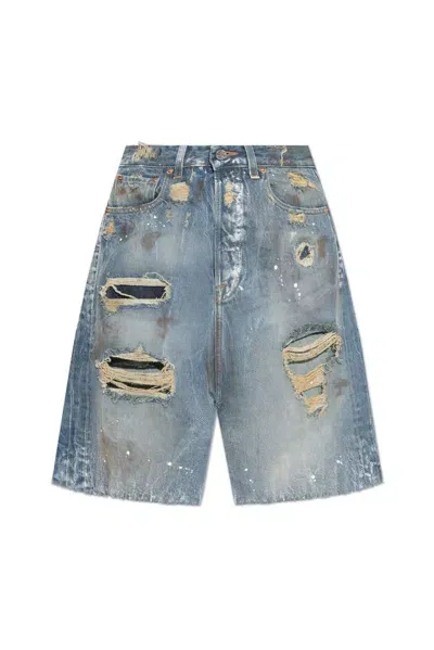 Vetements Distressed Denim Shorts In Blue