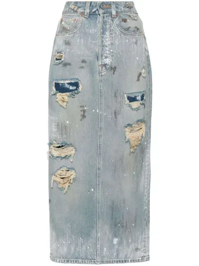 Vetements Distressed-effect Denim Midi Skirt In Blue