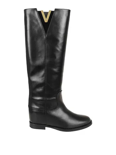 Via Roma 15 Knee Boot In Smooth Leather In Black