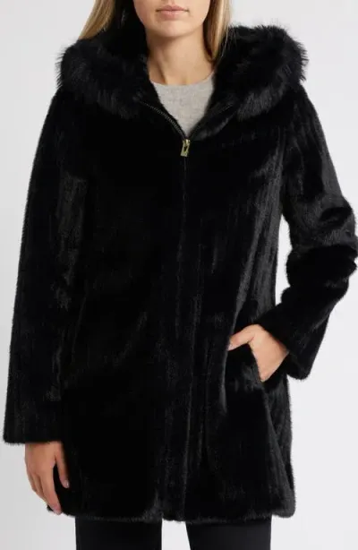 Via Spiga Grooved Faux Fur Hooded Coat In Black