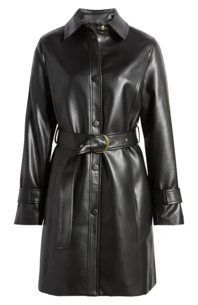 Via Spiga Tie Belt Snap Front Faux Leather Jacket In Black