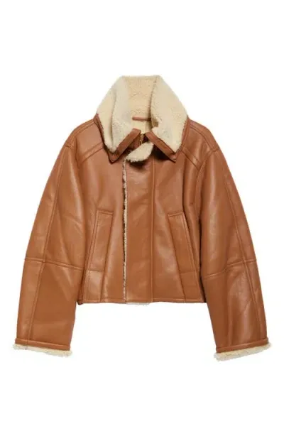 Victoria Beckham Genuine Shearling Lined Leather Pea Coat In Tan Cream