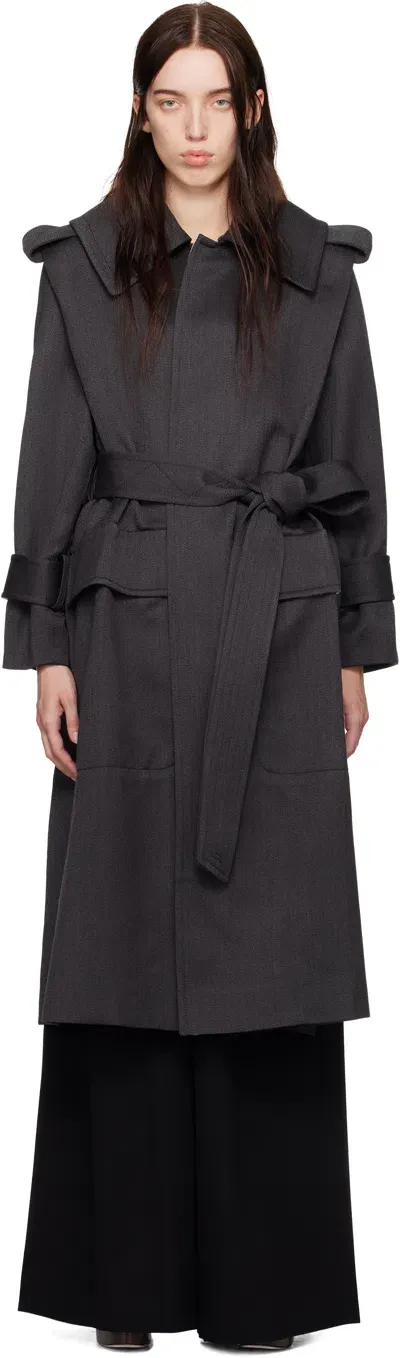 Victoria Beckham Gray Belted Wool Trench Coat In Charcoal