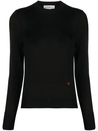 Victoria Beckham Logo-embroidered Merino Wool Jumper In Black