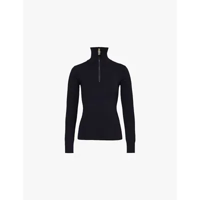 Victoria Beckham Half-zip High-neck Wool-blend Knitted Top In Blue