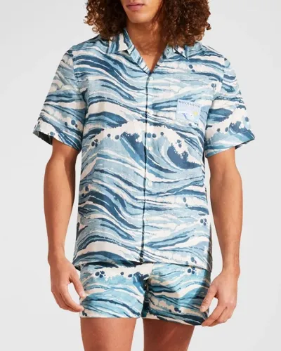 Vilebrequin Tropical Classic Fit Button Down Camp Shirt In Blue