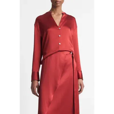 Vince Band Collar Silk Button-up Shirt In Dark Scarlet