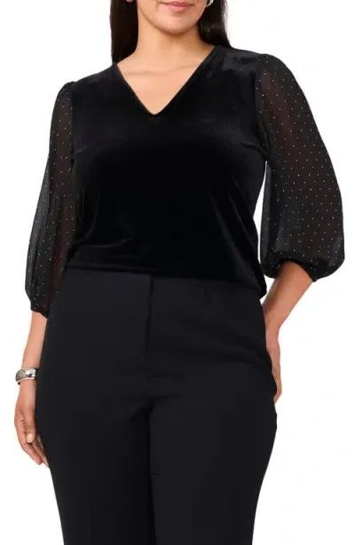 Vince Camuto Crystal Sleeve Detail Mixed Media Top In Rich Black