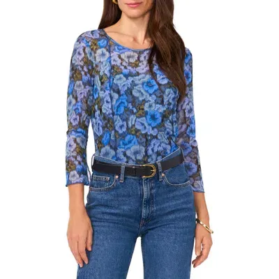 Vince Camuto Floral Exposed Seam Mesh Top In Blue