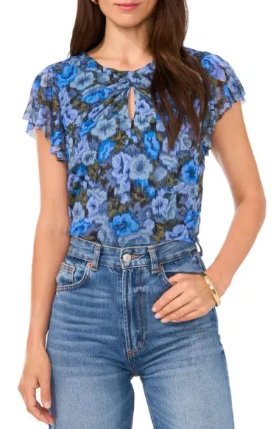 Vince Camuto Floral Flutter Sleeve Mesh Top In Blue