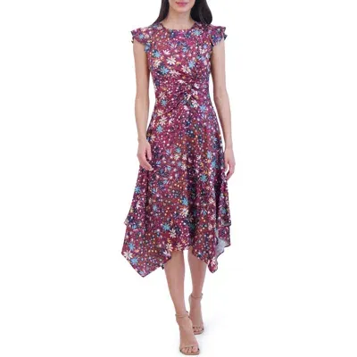 Vince Camuto Floral Satin High-low Dress In Burgundy