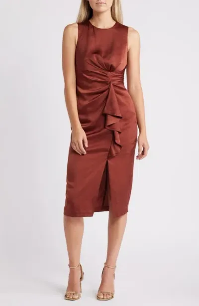 Vince Camuto Ruffle Detail Sleeveless Satin Sheath Midi Dress In Brown