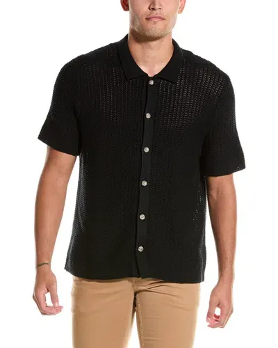 Vince Crochet Button Front Short Sleeve Shirt In Black