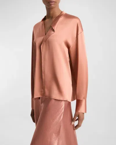 Vince Draped Stand-collar Long-sleeve Silk Blouse In Petal Amber