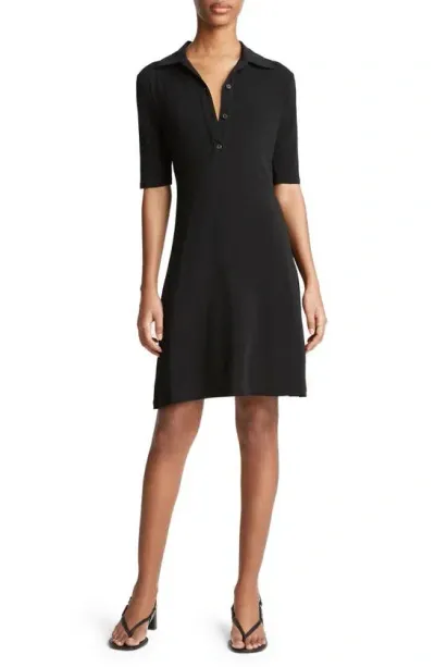 Vince Elbow-sleeve Mini Polo Dress In Black