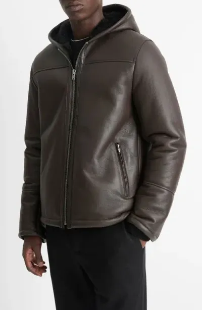 Vince Hooded Genuine Shearling Lined Leather Jacket In Brown