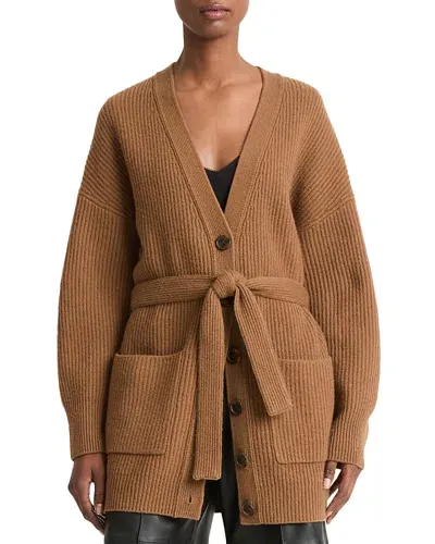 Vince Leather Belt Ribbed Cardigan Sweater In Almond