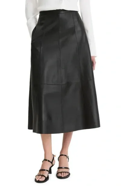 Vince Leather Midi A-line Skirt In Black