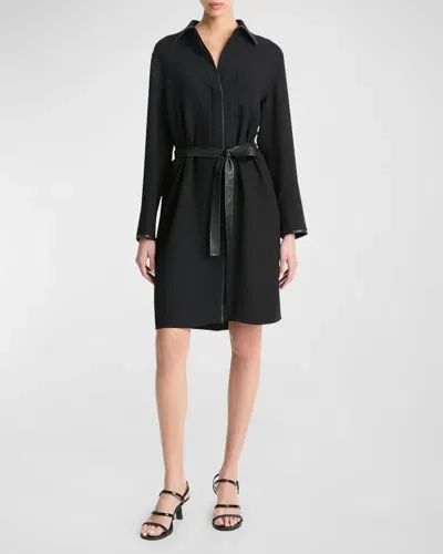 Vince Leather-trim Belted Knee-length Shirtdress In Black