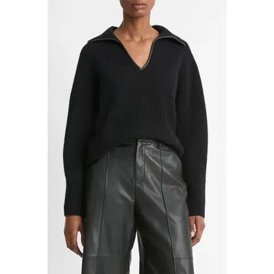 Vince Leather Trim Ribbed Sweater In Black