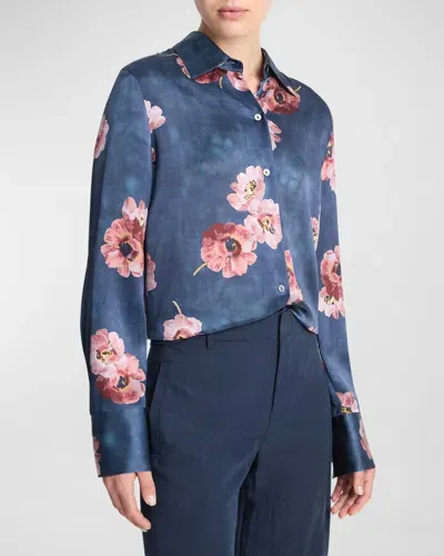 Vince Painted Poppy Long-sleeve Silk Blouse In Marine Night