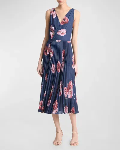 Vince Painted Poppy Pleated Draped Sleeveless V-neck Midi Dress In Blue