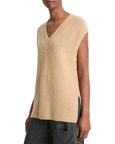 Vince Ribbed V Neck Wool And Cashmere Vest In Camel