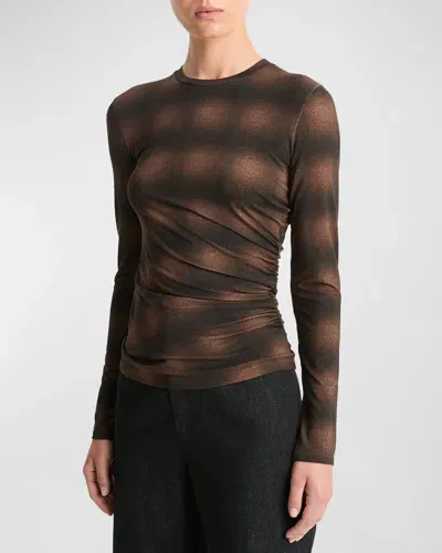 Vince Side Drape Long-sleeve Crewneck Top In Deep Walnut