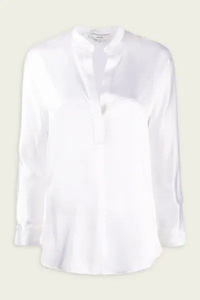 Vince Silk Satin Band-collar Blouse In Optic White