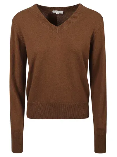 Vince V-neck Rib Trim Knit Sweater In Brown