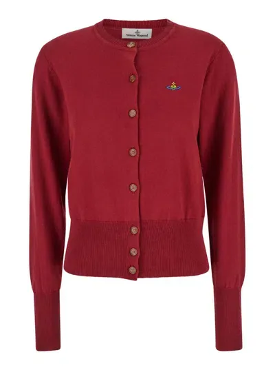 Vivienne Westwood 'bea' Bordeaux Cardigan With Orb Embroidery And Branded Button In Cotton And Cashmere Woman In Burgundy