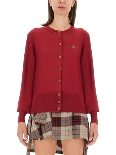 Vivienne Westwood 'bea' Bordeaux Cardigan With Orb Embroidery And Branded Button In Cotton And Cashmere Woman In Red