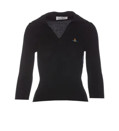 Vivienne Westwood Orb Embroidered Knit Polo Top In Negro