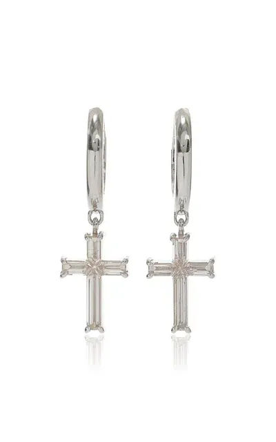 Vrai Petite Cross 14k White Gold Diamond Huggie Earrings