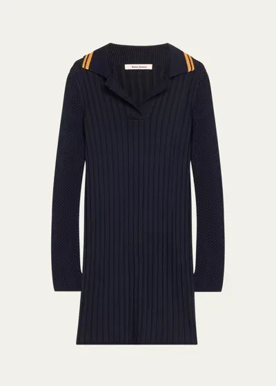 Wales Bonner Myth Polo Ribbed Wool Shirtdress In Navy Orange