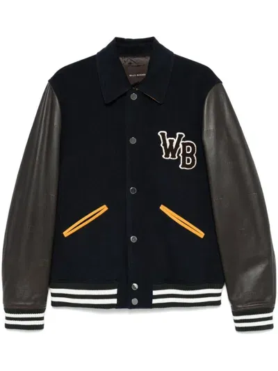 Wales Bonner Logo-appliquéd Leather And Brushed Wool-blend Varsity Jacket In Blue