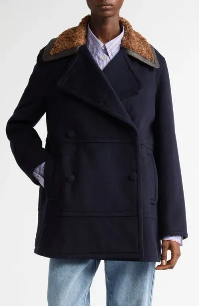 Wales Bonner Zora Faux Shearling Trim Wool Blend Peacoat In Navy