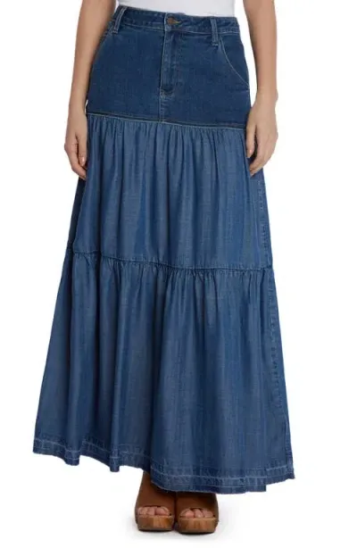 Wash Lab Denim Contrast Tiered Denim Maxi Skirt In Concert Blue