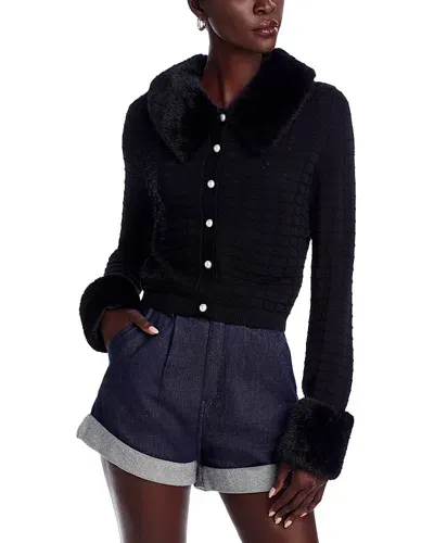 Wayf Crewneck Faux Fur Trim Cardigan Sweater In Black