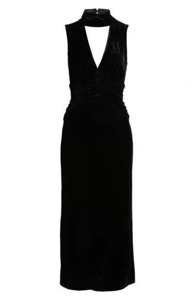 Wayf Halsey Ruched Velvet Halter Dress In Black