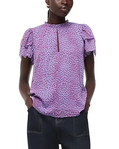 Whistles Sketched Cheetah Frill Sleeve Top In Purple/multi