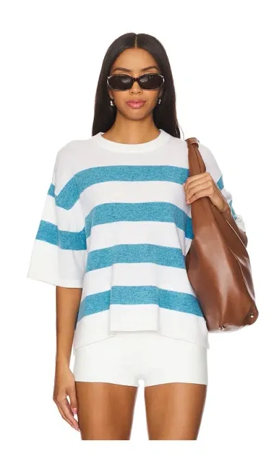 White + Warren Cashmere Striped Easy T-shirt In Soft White & Mediterranean