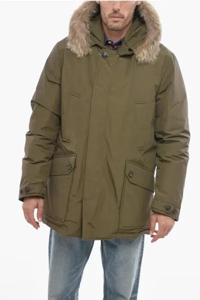 Woolrich Cotton And Nylon Daytona Down Jacket With Real Fur In Green