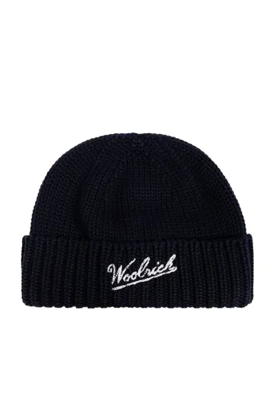 Woolrich Logo-intarsia Beanie In Blue