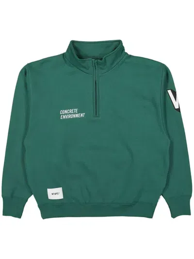 Wtaps Logo-embroidered Appliquéd Cotton-jersey Half-zip Sweatshirt In Green